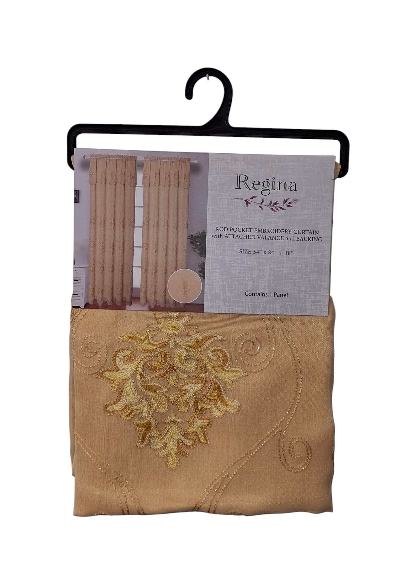 Regina Rod Pocket Embroidery Curtain with Attached Valance and Backing 54"x84" + 18" - Gold