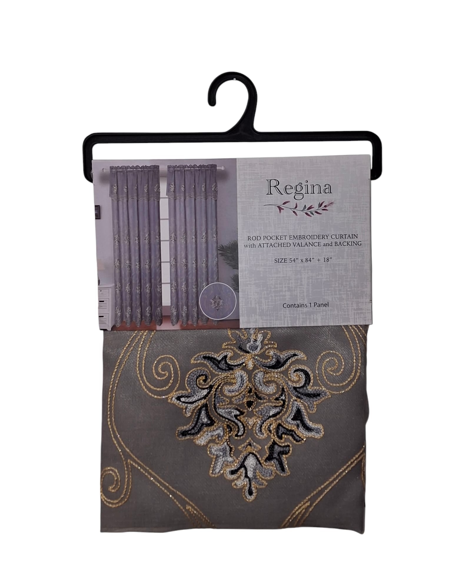 Regina Rod Pocket Embroidery Curtain with Attached Valance and Backing 54"x84" + 18" - Silver