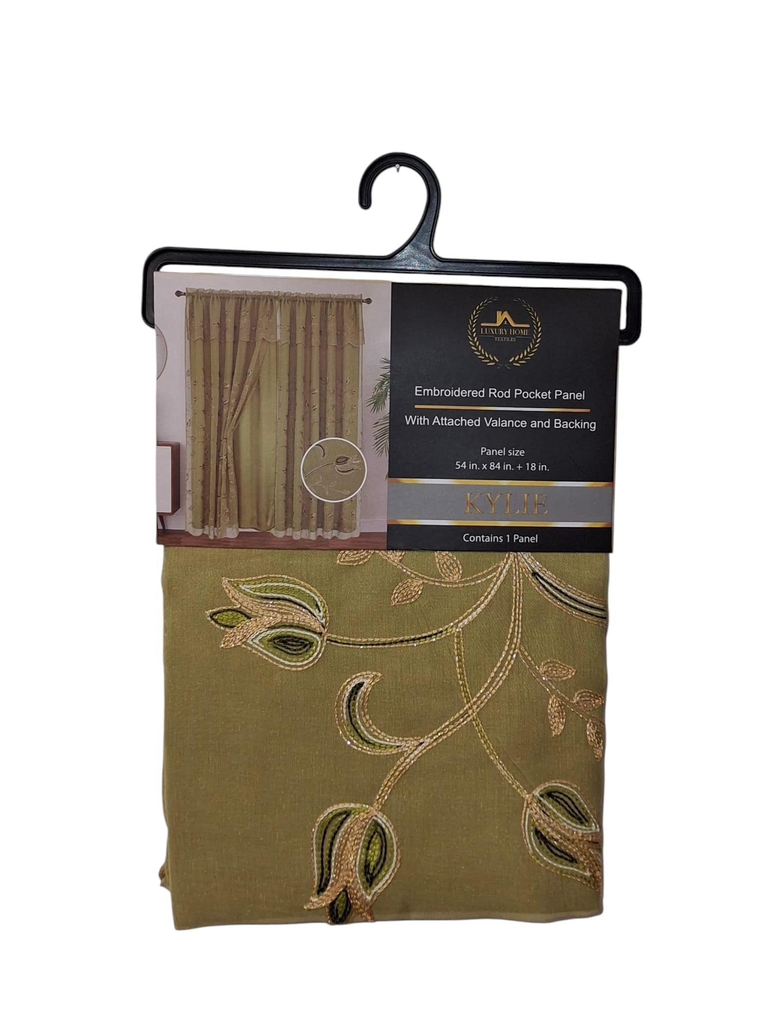 Kylie Embroidered Rod Pocket Panel with Attached Valance and Backing 54"x84" + 18" - Sage