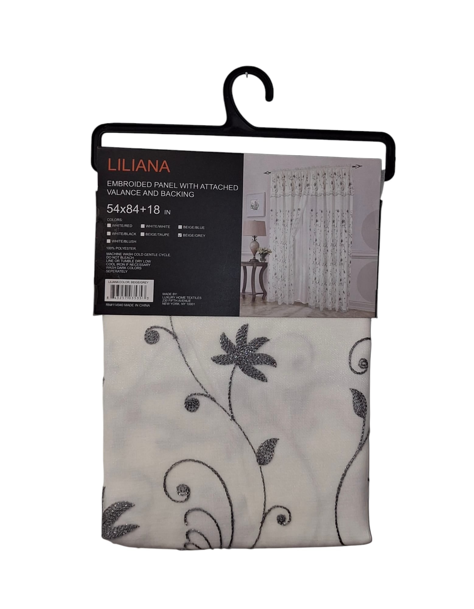 Liliana Embroidered Panel with Attached Valance and Backing 54"x84" + 18" - Beige/Grey