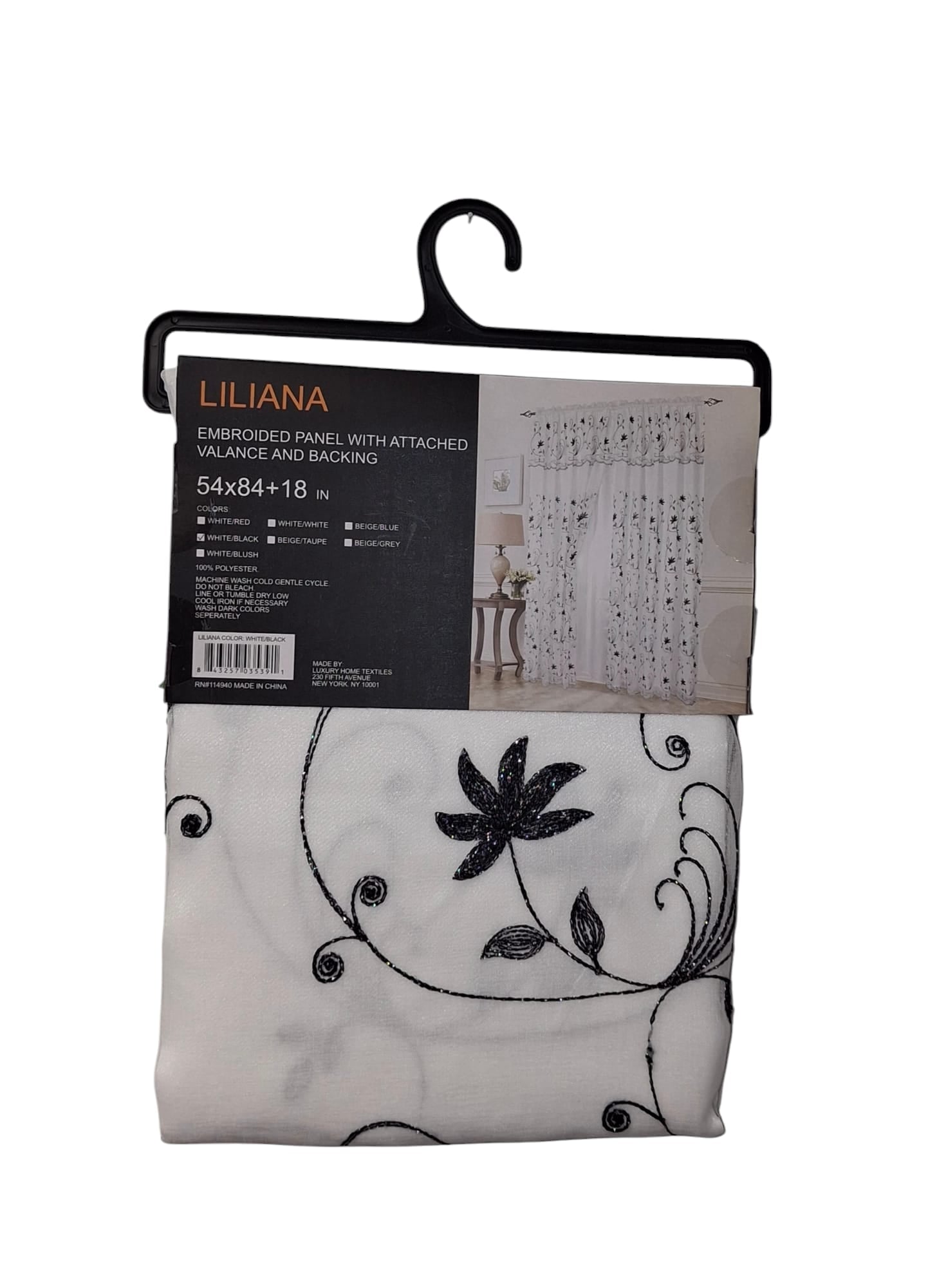 Liliana Embroidered Panel with Attached Valance Backing. White/Black